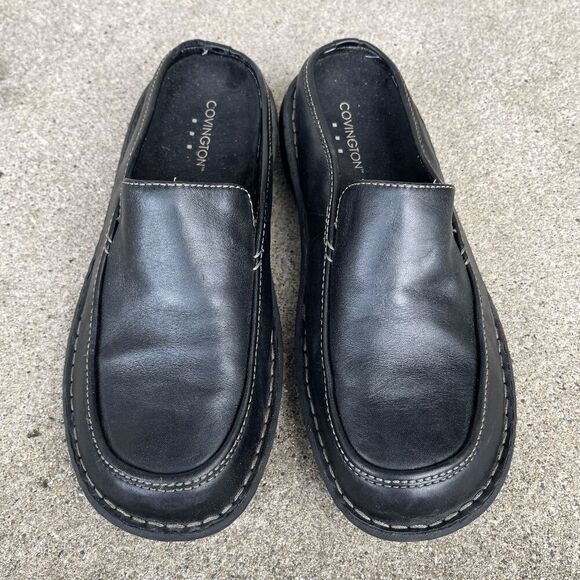 Vintage 90s Covington Chunky Black Leather Mule Clogs Size 9, Minimalist - Picture 1 of 8